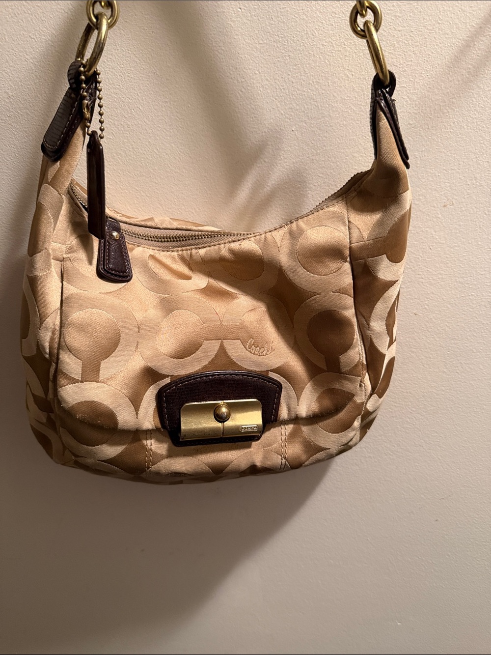 Coach Kristin Tan Signature Jacquard Shoulder Bag with Dark Brown Trim EUC